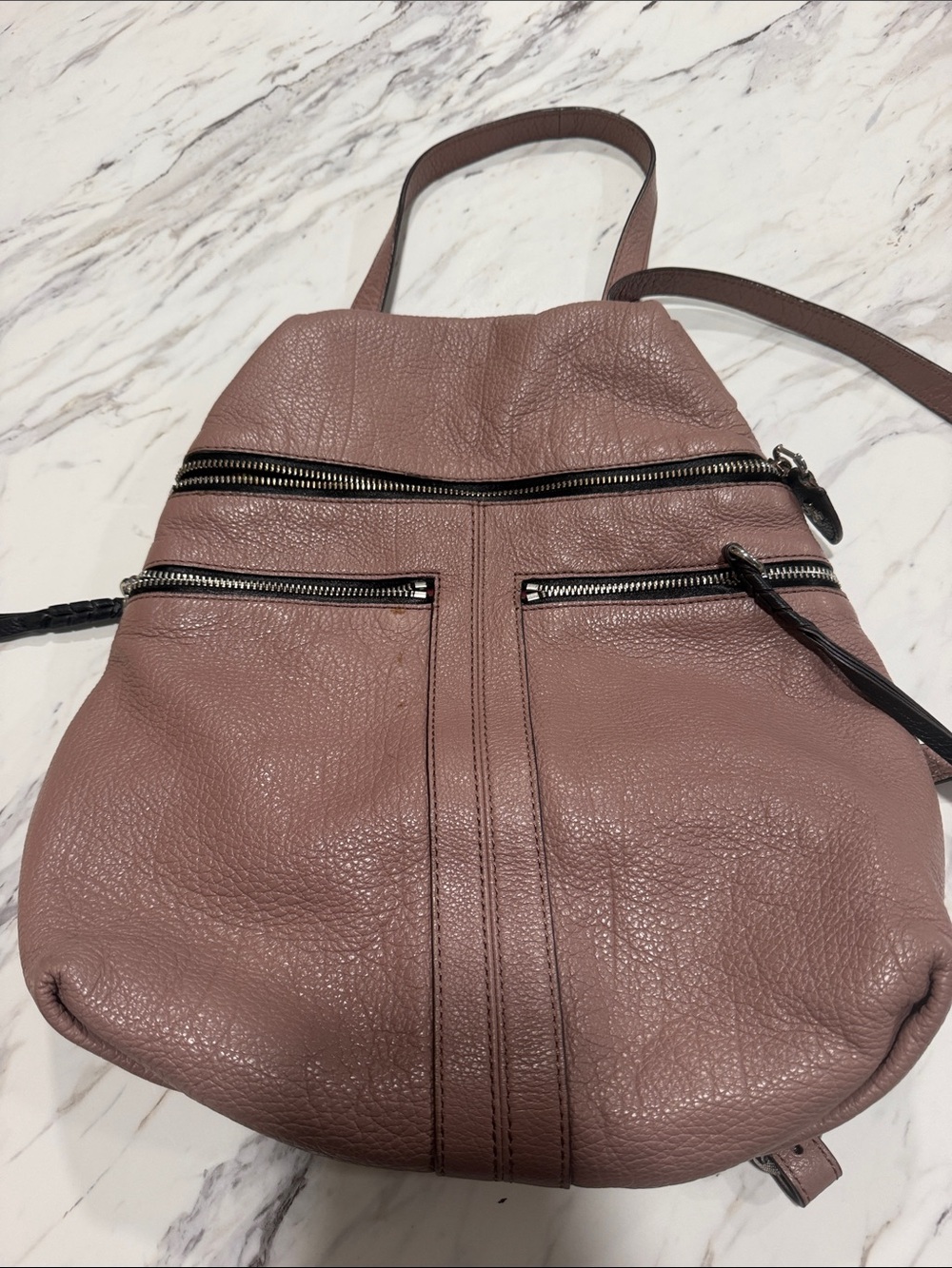 orYANY Mauve Pebbled Leather Backpack with Silver Zippers